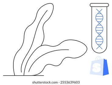 Simple black lines form a leafy plant. A test tube with a DNA strand is to the right. Below is a digital shopping bag. Ideal for genetics, biotechnology, e-commerce, plant biology, education