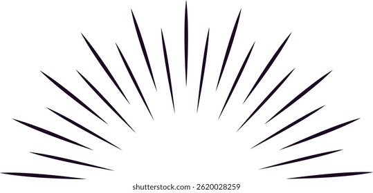 Simple black lines on a white background are radiating from a central point, creating a semicircle effect that suggests energy, dynamism, and movement