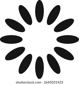 Símbolo simples de carregamento preto feito de doze formas ovais dispostas em um círculo, criando uma representação visual de uma operação de rotação, buffer ou processamento