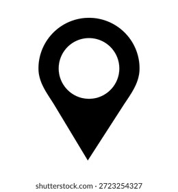 Ícone de pin de localização preto simples com um buraco circular representando um marcador de mapa. Ilustração vetorial editável isolada no fundo branco.