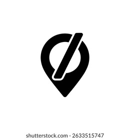 Simple black locator icon showing a location pin marker with a diagonal slash line in a clean, minimalist style,isolated on a white transparent backdrop. - Powered by Shutterstock - Get 15% off with code: PIKWIZARD15