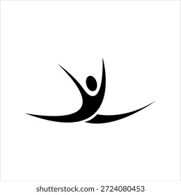 Logotipo negro simple de una persona saltando o bailando sobre un fondo blanco, transmitiendo energía y movimiento.