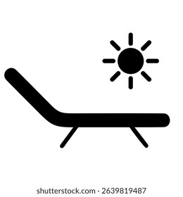 A simple black lounge chair is depicted under a bright sun, representing relaxation and leisure. It can be used to signify summer vacations and sunny weather.