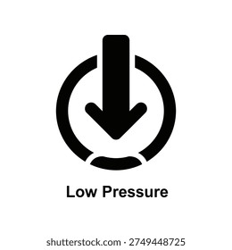 A simple black low pressure icon with a downward arrow in a circular motion on a white background, indicating decrease or reduction.