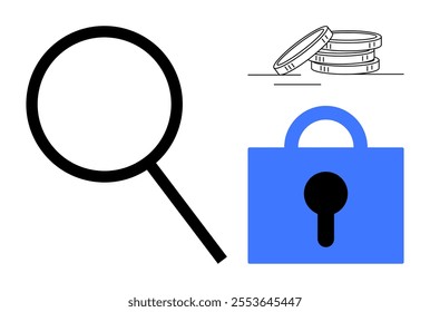 Simple black magnifying glass large in the left, three outlined coins in the top right, and blue locked padlock in the bottom right. Ideal for security, finance, research, protection, and data