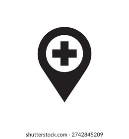 A simple black map pin icon with a white circle containing a black medical cross symbol, used for healthcare navigation and location marking on maps or websites.