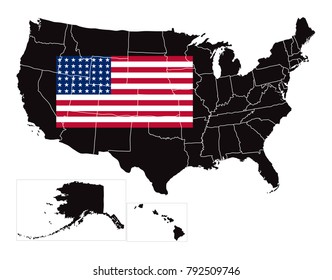 Simple Black Map Of United States of America (USA) With Flag Isolated On White Background,Map and National flag of USA,Vector Illustration Flag and Map of USA for continue.