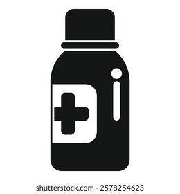 Simple black medical bottle icon representing medication, healthcare and pharmaceuticals