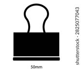 Simple black metal binder clip isolated on white background with 50mm size label