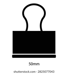 Simple black metal binder clip isolated on white background with 50mm size label