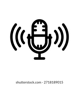 Icono de micrófono negro simple con ondas de sonido sobre fondo blanco
