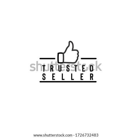 Simple black monochrome vector illustration of trusted seller logo with thumbs up icon line art isolated on white background represents sign that your shopping website or marketplace is trustworthy