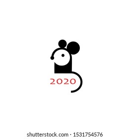 Simple símbolo negro del ratón de 2020 años. Tarjeta de saludo de Año Nuevo zodiaco animal chino. Diseño de icono de ratones. Logo de la rata. Ilustración aislada de vectores