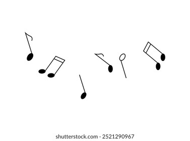 Simple black music notes on a white background scattered randomly around. Ideal for music education graphics, musical event flyers, app icons, wallpaper design, and stationary decoration. Minimalist