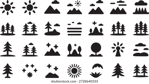 Simple black nature icons including mountains, trees, clouds, and sun symbols on a white background, useful for various design and illustration projects requiring minimalist landscape elements.