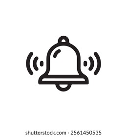 Simple black notification bell icon with ringing sound waves on a white background, perfect for apps, alerts, or communication designs