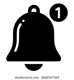 A simple black notification icon featuring a bell with a badge indicating one alert. Ideal for representing messages, reminders, or updates in digital applications and websites.