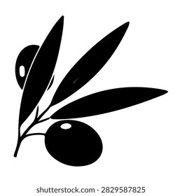 Simple black olive branch with leaves and fruit, suitable for graphic design, branding, or decorative purposes.