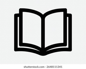 Simple black open book icon with a transparent background. This graphic is perfect for educational or literary projects and easy to integrate.
