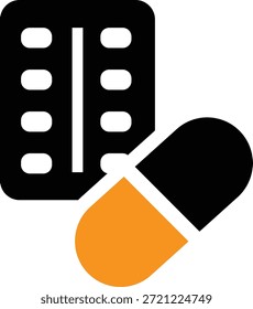 Ícone de vetor preto e laranja simples representando blister farmacêutico e tratamento medicamentoso de cápsula única