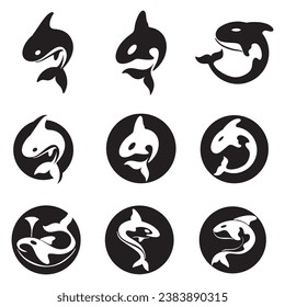 Diseño creativo del logotipo de la plantilla de un animal de ballena negra. Un animal marino asesino. Logo para negocios, identidad y marca.