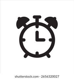 Un simple contorno negro de un reloj despertador con dos campanas y agujas de reloj.