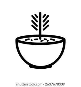 A simple black outline bowl contains soil and a seedling. Rendered in minimalist style, emphasizing clean lines and clear form, it is on transparent background.