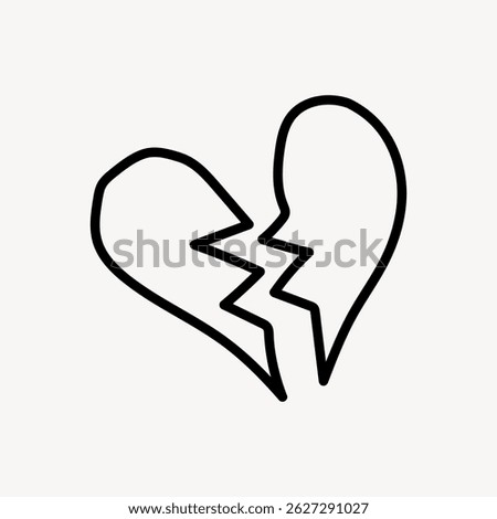 Simple black outline of a broken heart on a white background. The broken heart is split in the middle, symbolizing heartbreak or sadness. Minimalist design. Doodle shape vector.