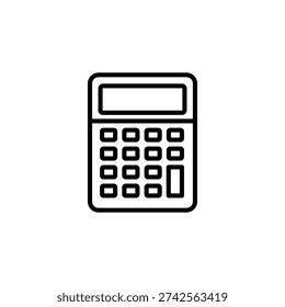Simple black outline calculator icon on a white background, representing arithmetic operations, finance, business calculations, mathematics, education, and digital tools for accounting and data analysis.