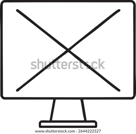 A simple black outline of a computer monitor with a large X drawn through the screen area, suggesting a problem.