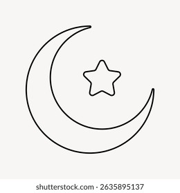 Simple black outline of a crescent moon and star on a white background. Minimalist moon and star design. Moon and star icon in a clean, simple style. Line art illustration vector.