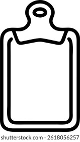 A simple black outline of a cutting board with a handle, perfect for kitchen or cooking themed designs.