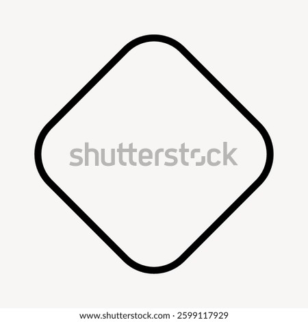 Simple black outline of a diamond shape on a white background. The diamond shape is centered, with smooth, rounded corners. Minimalist diamond design. Minimal shape vector.