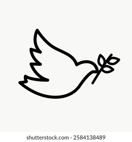 Simple black outline of a dove carrying an olive branch. Dove symbolizes peace. Peace dove illustration. Olive branch in dove's beak. Peace icon. Vector isolated on white.