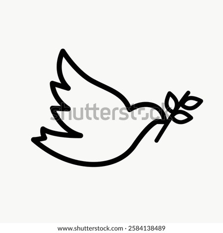 Simple black outline of a dove carrying an olive branch. Dove symbolizes peace. Peace dove illustration. Olive branch in dove's beak. Peace icon. Vector isolated on white.