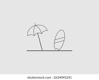 A simple black outline drawing of a beach scene with a tilted beach umbrella on the left and a surfboard leaning to the right