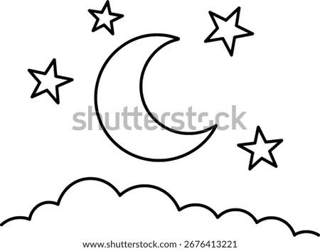 A simple black outline drawing of a crescent moon, stars, and clouds against a white background.