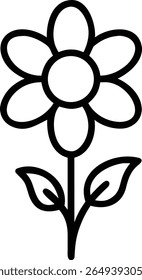A simple black outline drawing of a flower with petals and leaves on a stem, isolated on white background