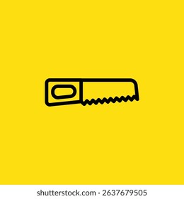 Simple black outline drawing of a hand saw is isolated against a yellow background and is used for carpentry work.