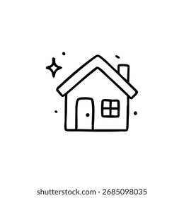 Simple black outline drawing of a house with a small starburst above it