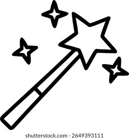 A simple black outline drawing of a magic wand with stars, isolated on a white background for designs.