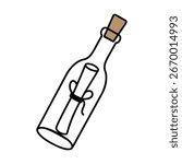 Simple black outline drawing of a message in a bottle with a cork scroll paper