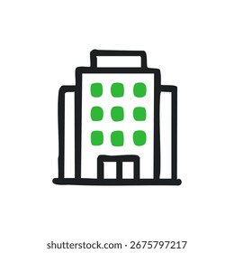 Dibujo de contorno negro simple de un edificio de varios pisos con ventanas verdes