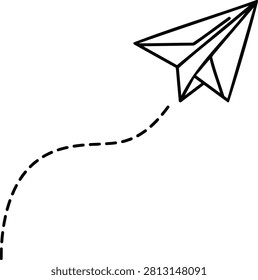 A simple black outline drawing of an origami paper airplane soaring upwards leaving a curved dashed flight path trail behind it