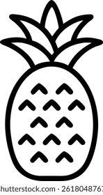 A simple black outline drawing of a pineapple with a leafy crown and textured body on a white background.