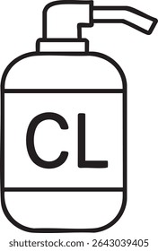 Um simples desenho de contorno preto de uma garrafa de desinfetante com uma bomba e as letras CL.
