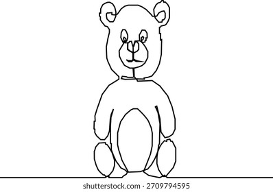 Un simple dibujo de contorno negro de un oso de peluche sentado. La ilustración dibujada a mano está sobre un fondo blanco liso, creado con líneas básicas.