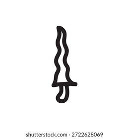 Un simple dibujo de contorno negro de una hoja o daga ondulada estilizada, que exuda una sensación de arma tribal o antigua, aislada sobre un fondo blanco limpio.
