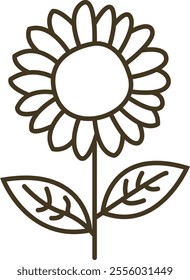 Simple black outline drawing of a sunflower with a circular center, multiple rounded petals, and two leaves on either side of the stem. Ideal for coloring activities, educational purposes.