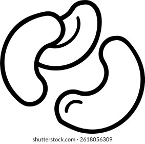 Un simple dibujo de contorno negro de tres nueces de cajú sobre un fondo blanco, estilo de diseño minimalista y limpio